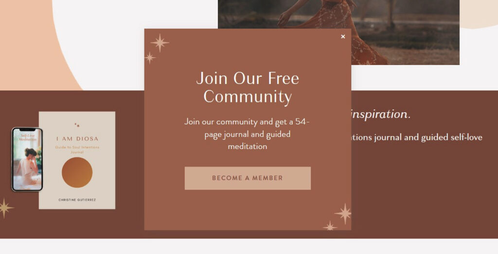 Christine Gutierrez promotes her lead generation landing page with a website popup that reads “Join our free community.” 